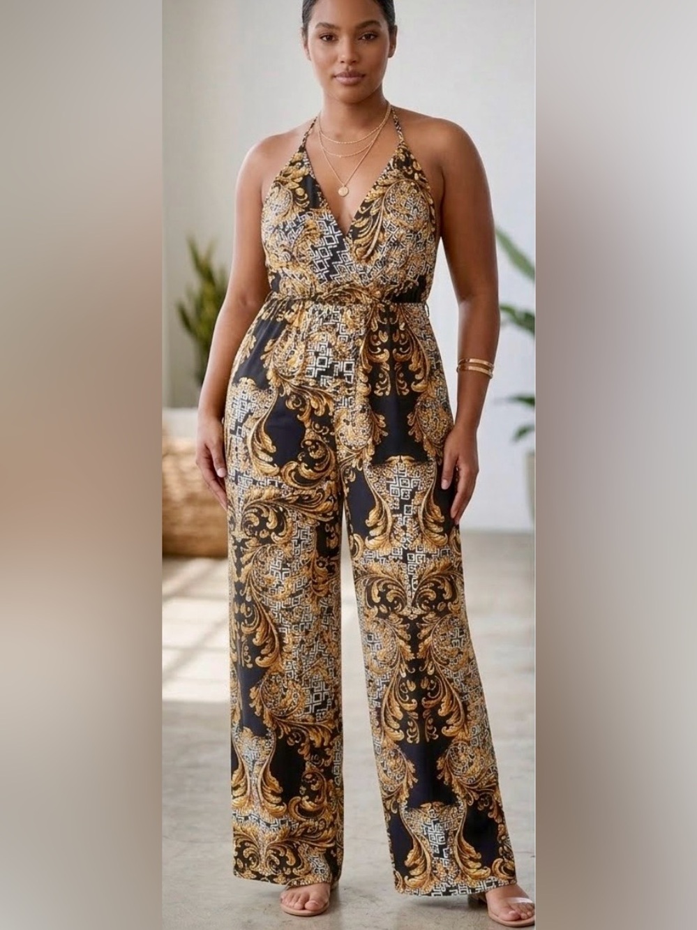 NWOT Plus Size Halter Black & Gold Print Jumpsuit
